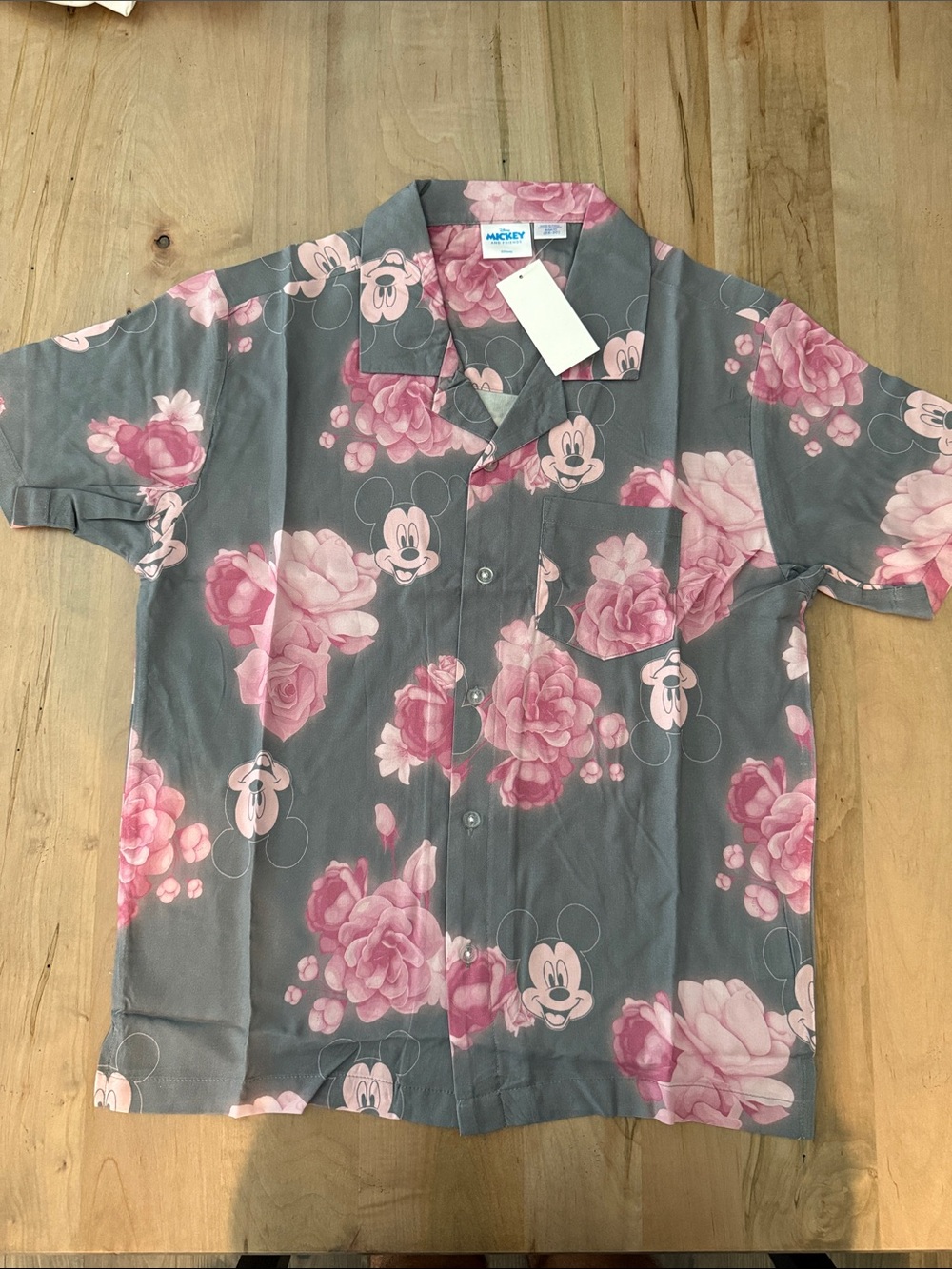 Disney Gray and Pink Floral Mickey Short-Sleeve Button-Down Shirt